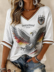 Damen-Fußball-T-Shirt aus Deutschland mit Druck, mittellangen Ärmeln und V-Ausschnitt