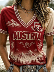 Damen-T-Shirt mit Fußballmotiv aus Österreich, lässiger V-Ausschnitt
