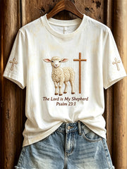 Damen-T-Shirt mit Kurzärmeln und Aufdruck „Der Herr ist mein Hirte“ sowie Schaf- und Kreuzmotiv