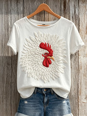 Frauen Bauernhof Weißer Hahn Kunstdruck Kurzarm T-Shirt