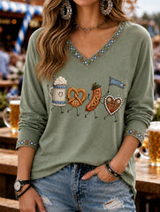Oktoberfest der Frauen: Prost! Bedrucktes lässiges T-Shirt mit V-Ausschnitt und langen Ärmeln