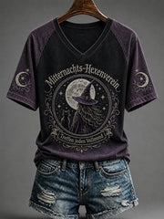 Damen-Halloween-T-Shirt mit Hexen-Print und V-Ausschnitt