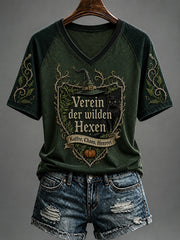 Damen-Halloween-T-Shirt mit Hexen-Print und V-Ausschnitt