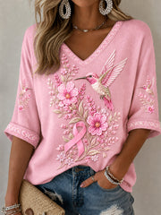 Frauen rosa Blumen-und Kolibri druck Brustkrebs-Sensi bilisierung mit halben Ärmeln V-Ausschnitt T-Shirt
