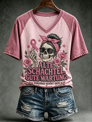 Frauen-T-Shirt mit witzigem Brustkrebsbewusstseins-Slogan und V-Ausschnitt