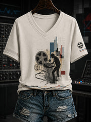 Frauen-Neue-Deutsche-Welle-T-Shirt mit V-Ausschnitt und Print