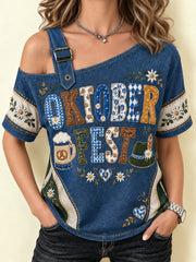 Oktoberfest-Style-T-Shirt für Damen mit schulterfreiem Design und kurzen Ärmeln