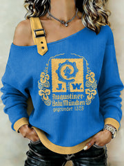 Damen-Beer-Lover-Patchwork-Print-Casual-Sweatshirt mit Schulterausschnitt