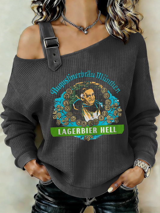 Damen Bier liebhaber Patchwork Print lässig schulter freies Sweatshirt