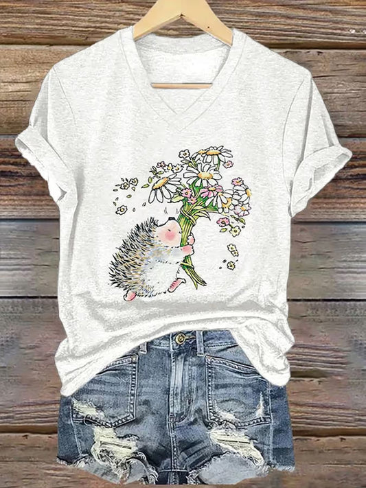 Damen süßes Igel-Print Kurzarm-T-Shirt