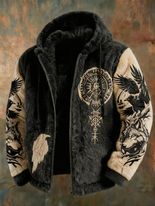 Herren Viking Tribal Jacquard Crow inspirierte Plüsch warme Kapuzen jacke mit Reiß verschluss