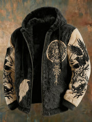Herren Viking Tribal Jacquard Crow inspirierte Plüsch warme Kapuzen jacke mit Reiß verschluss