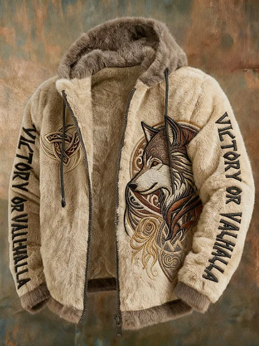 Herren Viking Tribal Jacquard Celtic mit Wölfen inspiriert Plüsch warme Kapuzen jacke mit Reiß verschluss