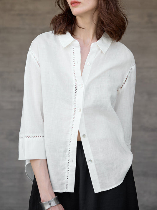 Frauen Leinen hohle Spitze Design Hemd