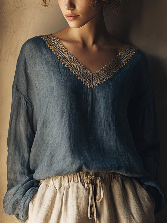 Damen-Vintage-Spitze-Patchwork-Leinen hemd