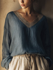 Damen-Vintage-Spitze-Patchwork-Leinen hemd