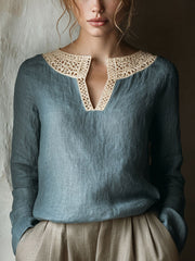 Damen-Vintage-Spitze-Patchwork-Leinen hemd