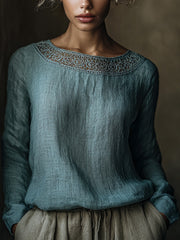 Elegantes Spitzen-Patchwork-Leinen hemd für Damen