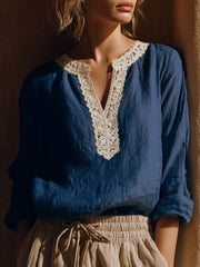 Damen Vintage Spitze Patchwork Leinen Mischung Shirt