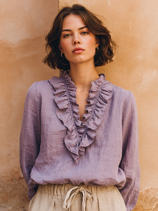 Frauen Elegantes gekräuseltes Design Leinen hemd