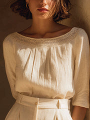 Elegantes Spitzen-Patchwork-Leinen hemd für Damen