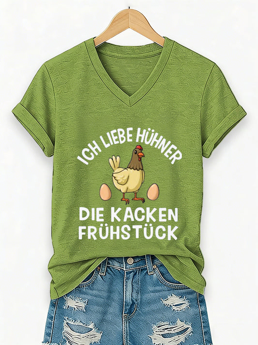 Damen-T-Shirt mit Kurzärmeln, „Ich liebe Hühner, die Frühstück kacken“-Schriftzug