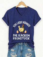 Damen-T-Shirt mit Kurzärmeln, „Ich liebe Hühner, die Frühstück kacken“-Schriftzug
