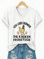 Damen-T-Shirt mit Kurzärmeln, „Ich liebe Hühner, die Frühstück kacken“-Schriftzug