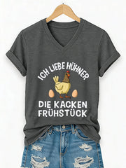 Damen-T-Shirt mit Kurzärmeln, „Ich liebe Hühner, die Frühstück kacken“-Schriftzug