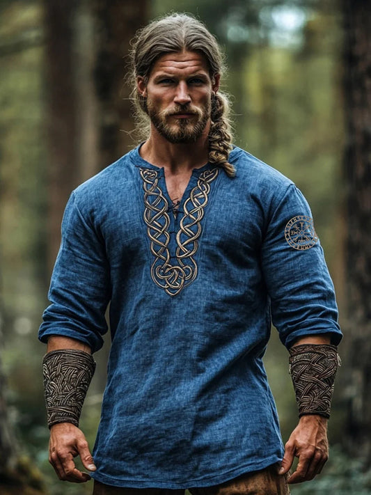 Herren-Viking-Oberteil aus Baumwolle und Leinen mit drei Vierteln ärmeln