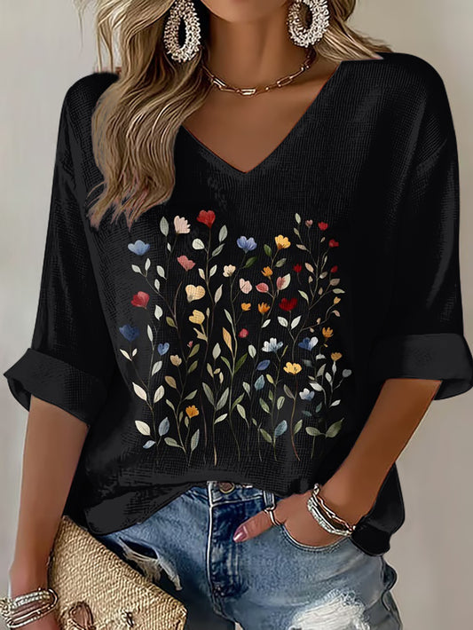 Waffel-T-Shirt mit Blumen druck für Damen