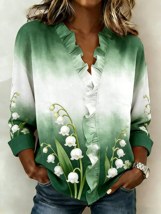 Damen Muguet Bedrucktes lässiges Leinen hemd