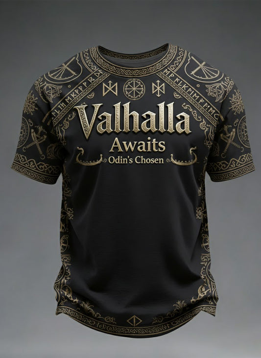 Herren-T-Shirt mit Wikinger-Print: Valhalla erwartet dich