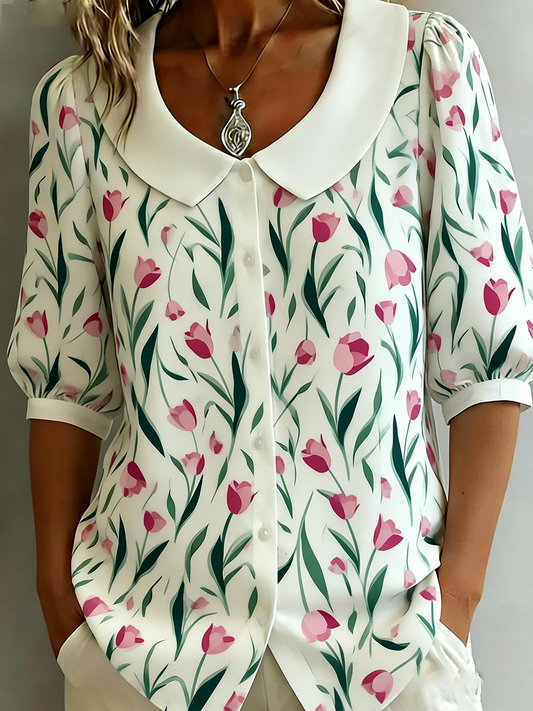 Damen-Blusenhemd aus Baumwolle-Leinen mit Blumenmuster, mittellangen Ärmeln und Puppenkragen