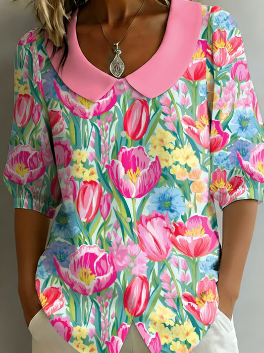 Damen-Blusenhemd aus Baumwolle-Leinen mit Blumenmuster, mittellangen Ärmeln und Puppenkragen