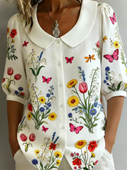 Damen-Blusenhemd aus Baumwolle-Leinen mit Blumenmuster, mittellangen Ärmeln und Puppenkragen