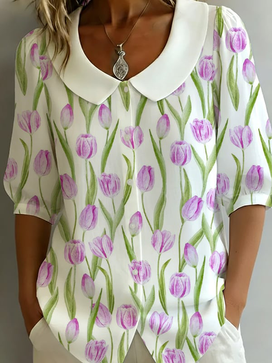 Damen-Blusenhemd aus Baumwolle-Leinen mit Blumenmuster, mittellangen Ärmeln und Puppenkragen