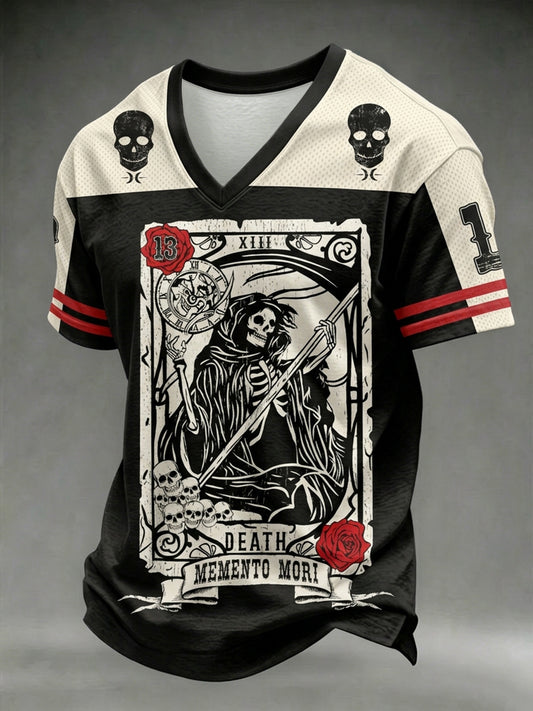 Herren-T-Shirt mit dunklem Stil, Totenkopf-Print und V-Ausschnitt