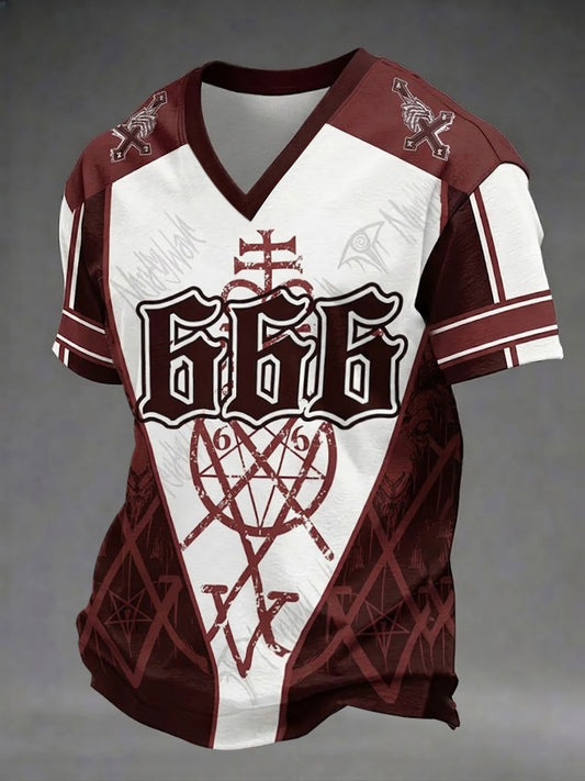 Herren-T-Shirt mit Dämonen-Print und V-Ausschnitt
