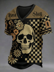 Herren T-Shirt in dunklem Stil mit Totenkopf-Print, V-Ausschnitt und Waffelstruktur
