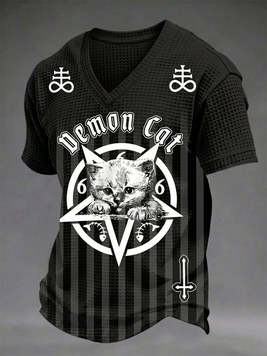 Herren T-Shirt in dunklem Stil mit Totenkopf-Print, V-Ausschnitt und Waffelstruktur