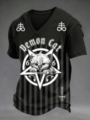 Herren T-Shirt in dunklem Stil mit Totenkopf-Print, V-Ausschnitt und Waffelstruktur