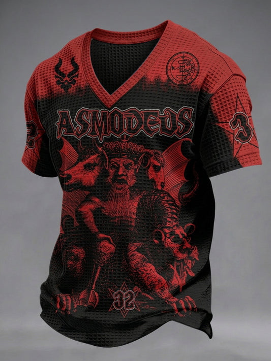 Herren T-Shirt in dunklem Stil mit Totenkopf-Print, V-Ausschnitt und Waffelstruktur