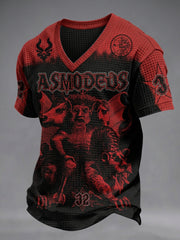 Herren T-Shirt in dunklem Stil mit Totenkopf-Print, V-Ausschnitt und Waffelstruktur