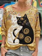Damen Glitzer Schwarz Katzenmotiv Kunst Langarm Locker geschnittenes Sweatshirt