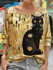 Damen Glitzer Schwarz Katzenmotiv Kunst Langarm Locker geschnittenes Sweatshirt