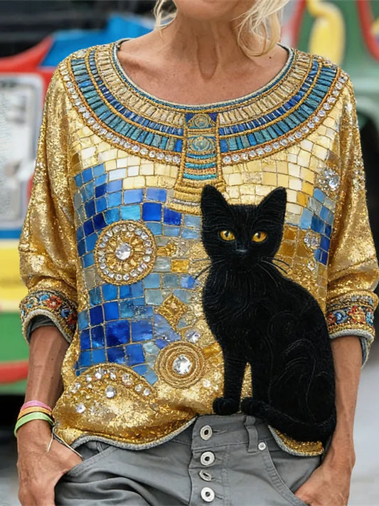 Damen Glitzer Schwarz Katzenmotiv Kunst Langarm Locker geschnittenes Sweatshirt