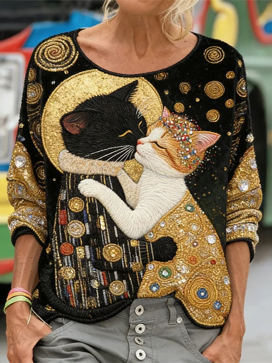 Damen Glitzer Schwarz Katzenmotiv Kunst Langarm Locker geschnittenes Sweatshirt