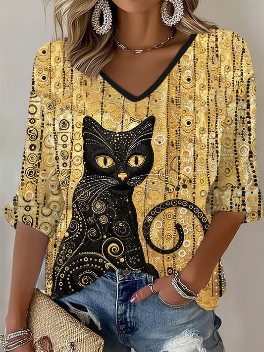 Damen Glitzer Schwarz Katzenkunst Waffel-T-Shirt