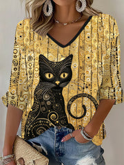 Damen Glitzer Schwarz Katzenkunst Waffel-T-Shirt